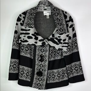 Joseph Ribkoff Grey Black Animal Print Large Button Sweater Size 12